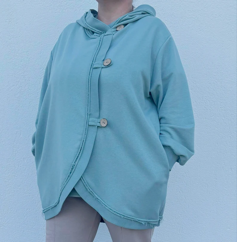 Creative Handmade Poncho Cardigan: Oversized Hooded Jacket with Pockets & Elastic Cuffs, Casual Plus Size Fashion, Women's Unique Fashion