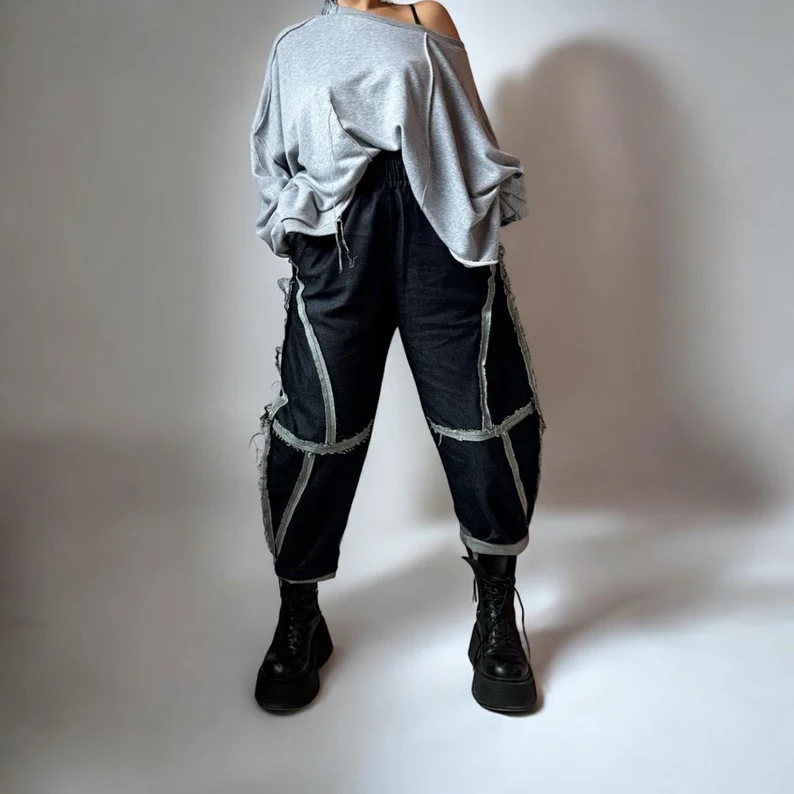 Extravagant Denim Harem Pants, Casual Streetwear, Unisex Jeans, Women’s Painter Style, Unique Fashion Trends